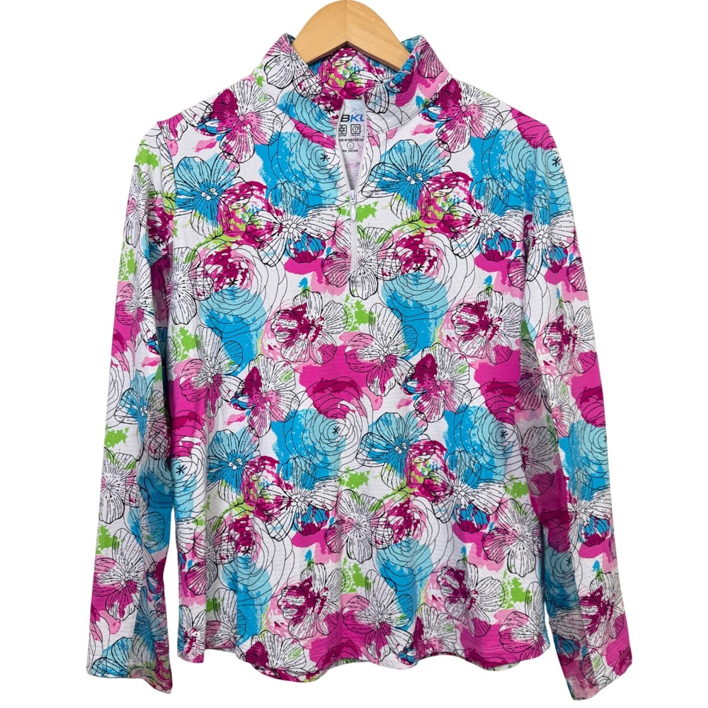 IBKUL Womens Top Large Pink Floral Long Sleeve 1/4 Zip UPF Sun Shirt Mesh